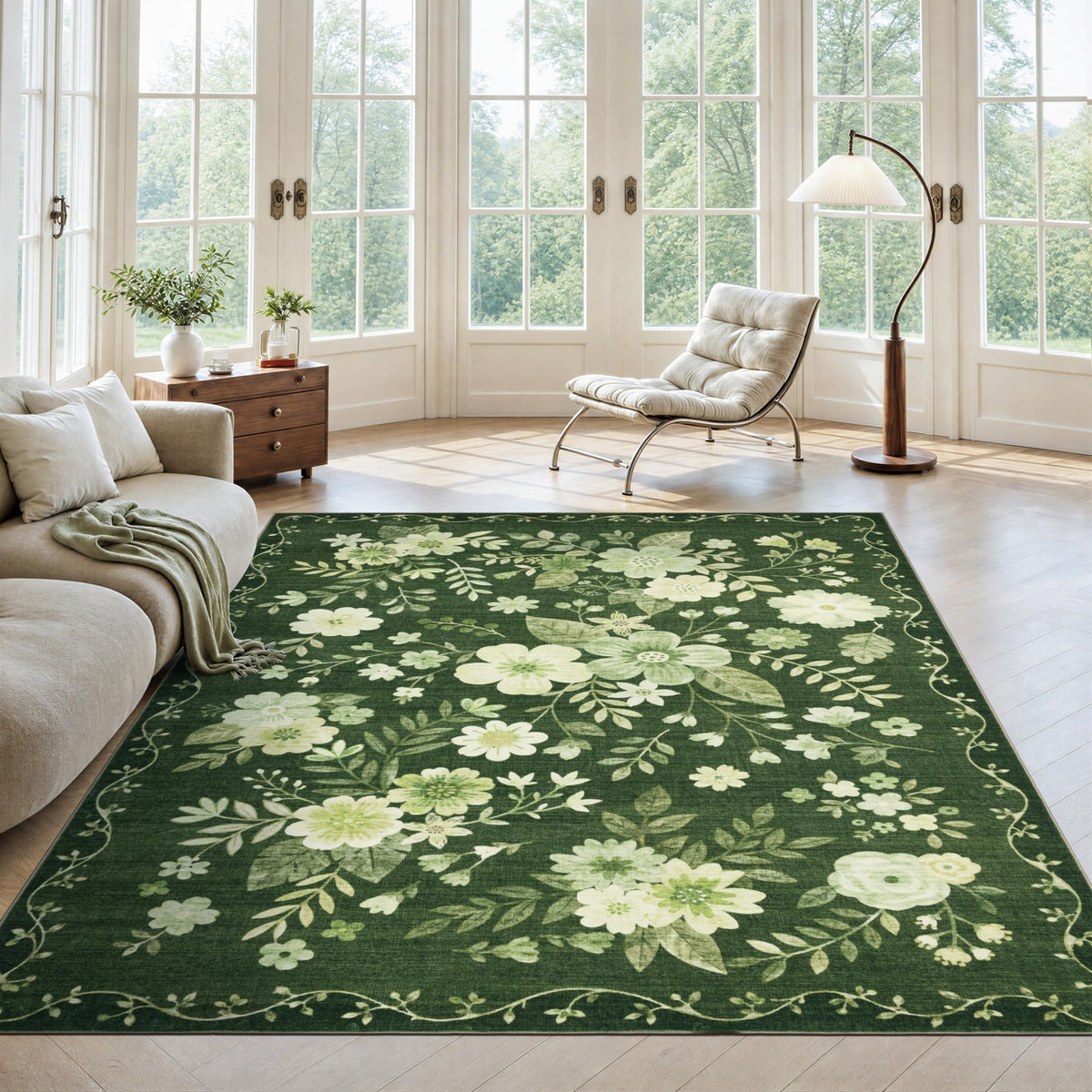 JOLLYVOGUE Floral Area Rug 5x7, Washable Rug for Living Room, Light Blue