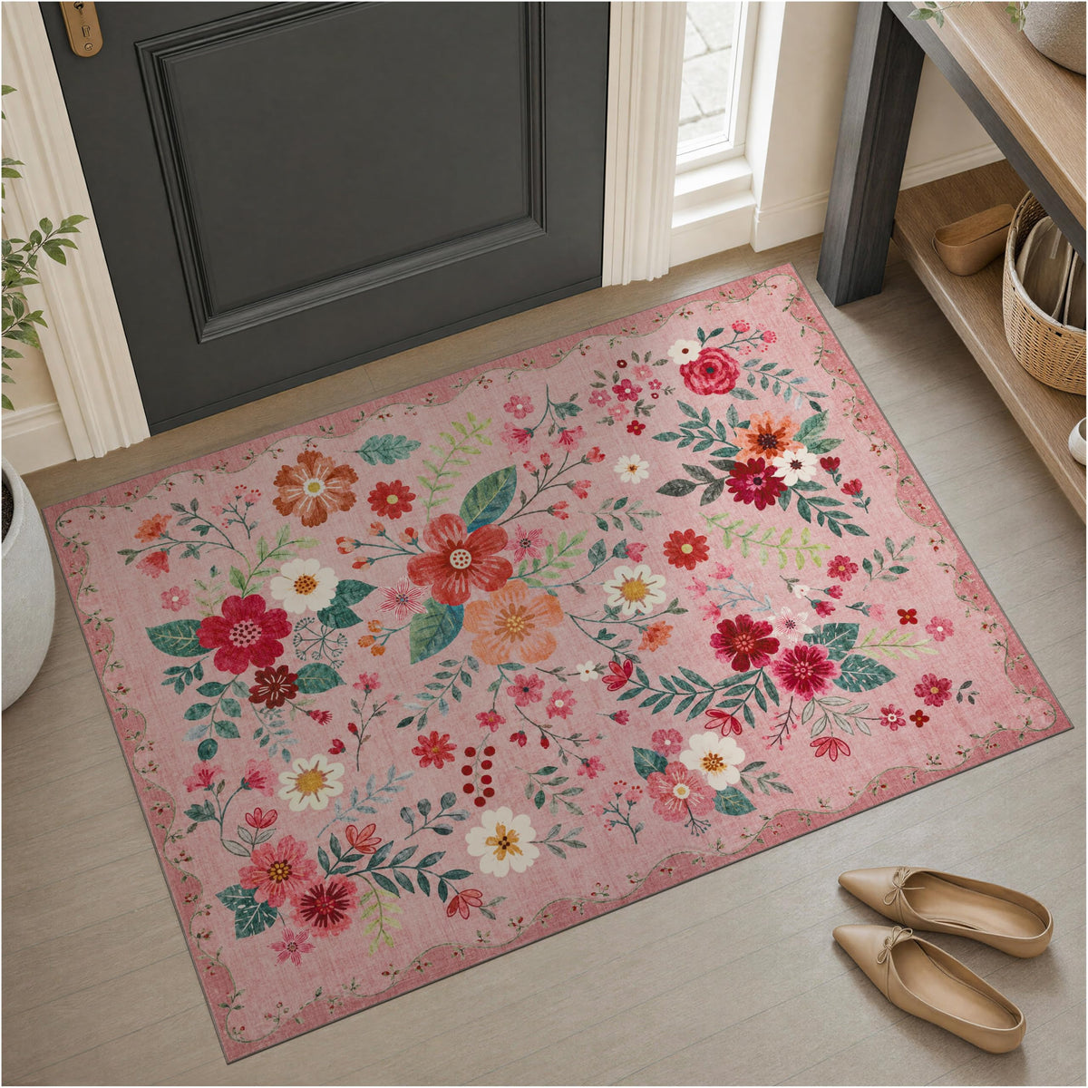 JOLLYVOGUE Floral Area Rug 5x7, Washable Rug for Living Room, Light Blue