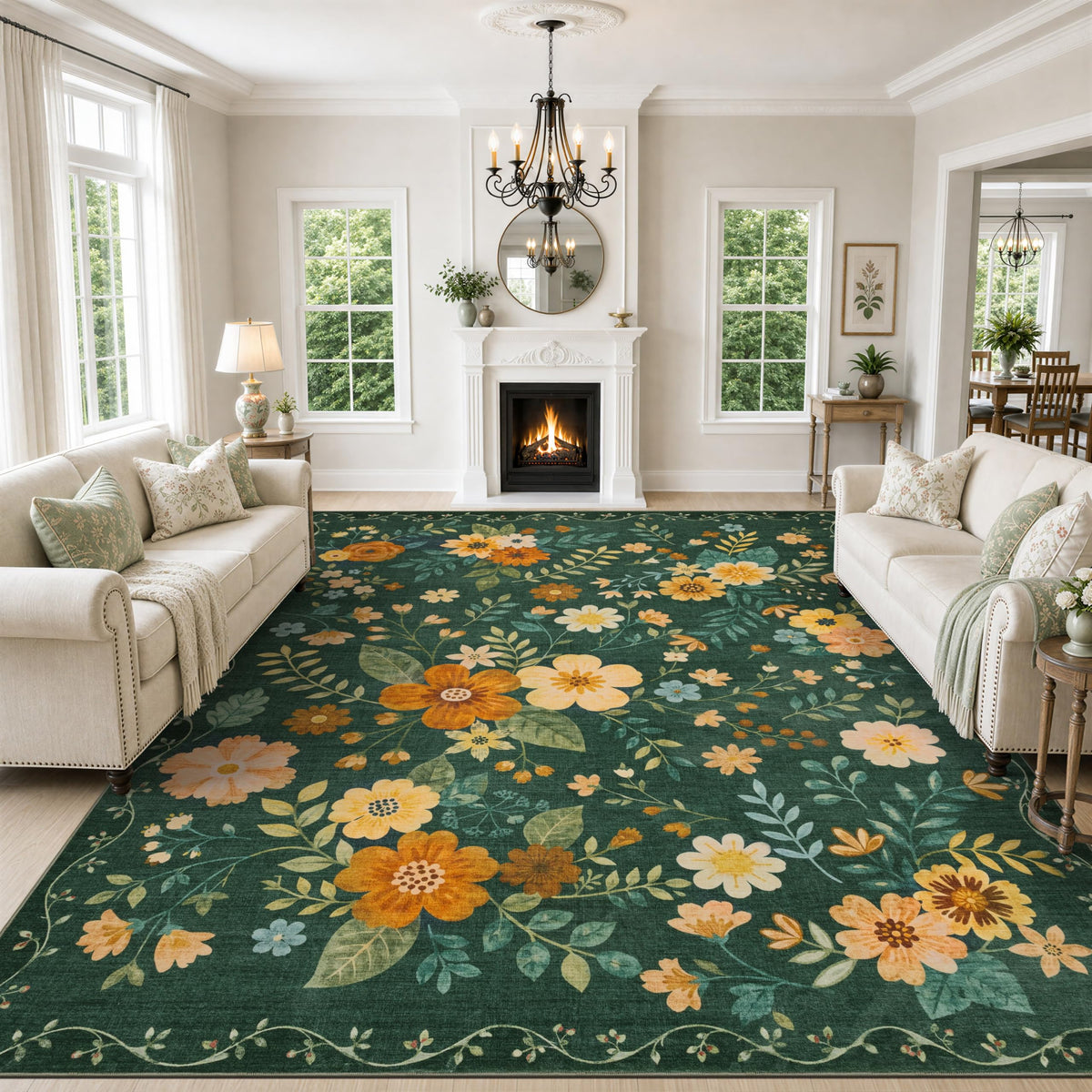 JOLLYVOGUE Floral Area Rug 5x7, Washable Rug for Living Room, Light Blue