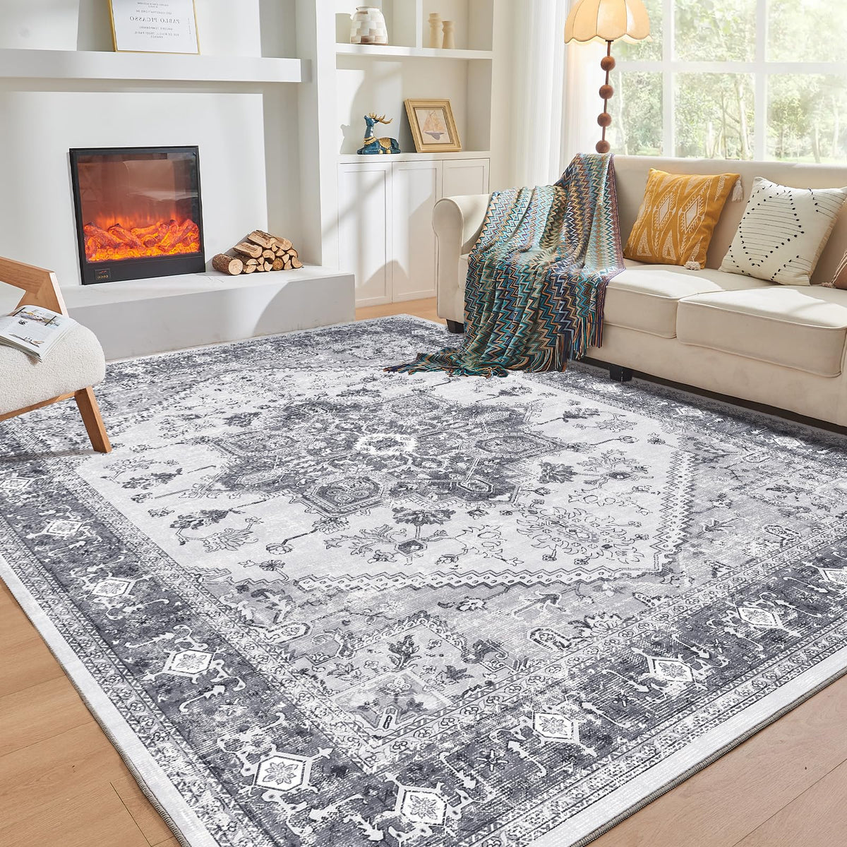 OPPODREAM Soft Area Rugs 5x7, Persian-Inspired Washable Rug, Blue & Gold