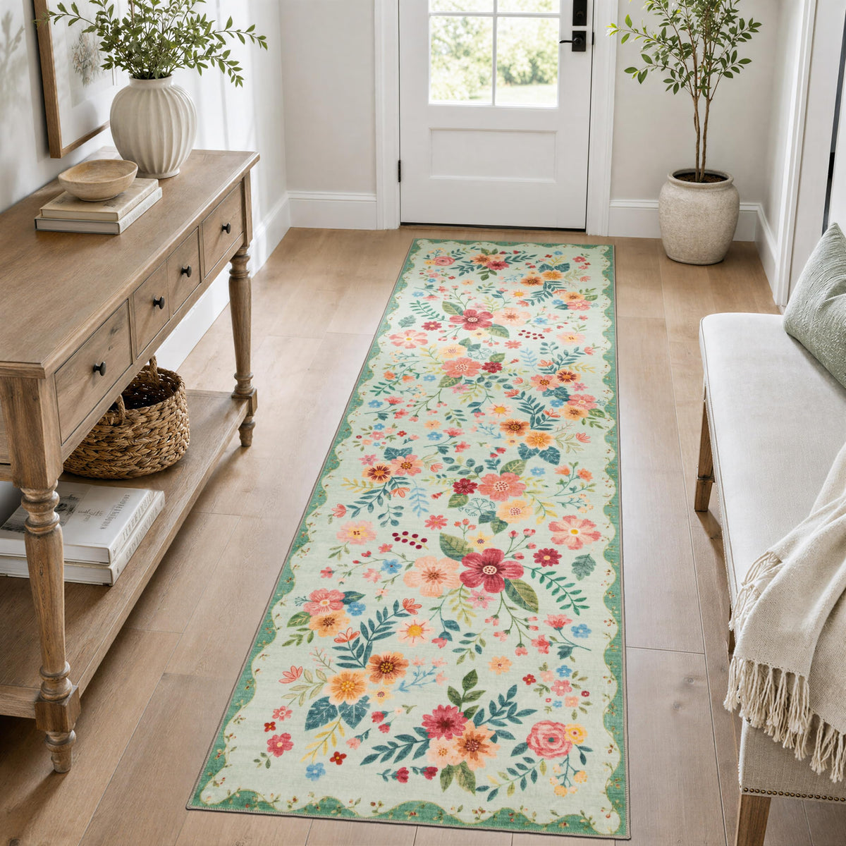 JOLLYVOGUE Floral Area Rug 5x7, Washable Rug for Living Room, Light Blue