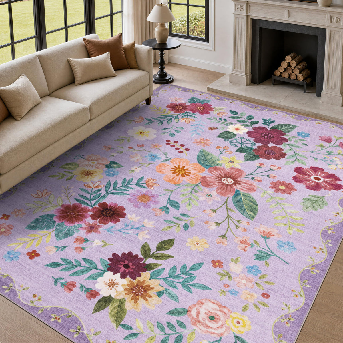JOLLYVOGUE Floral Area Rug 5x7, Washable Rug for Living Room, Light Blue