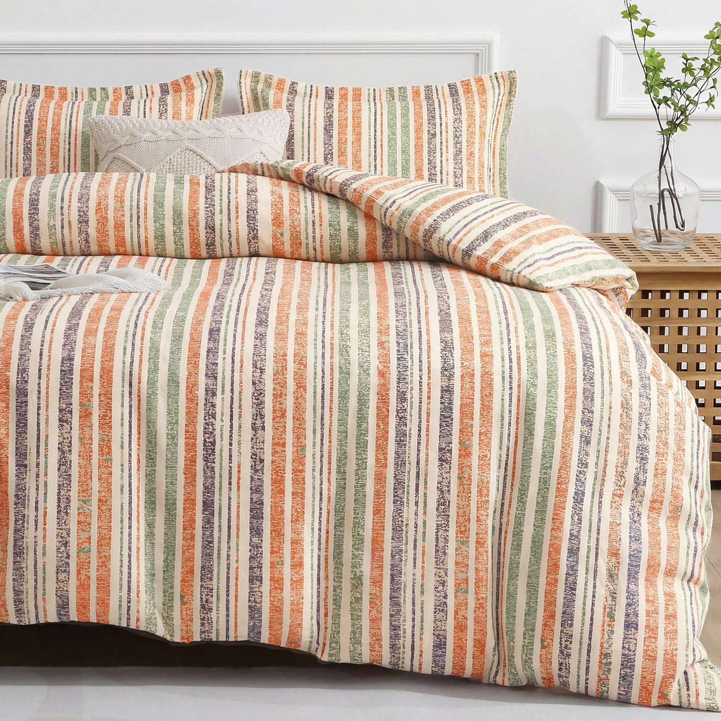 JOLLYVOGUE Queen Size Striped Duvet Cover Set, 3 Pieces Soft Microfiber Bedding with Zipper Closure & 8 Corner Ties