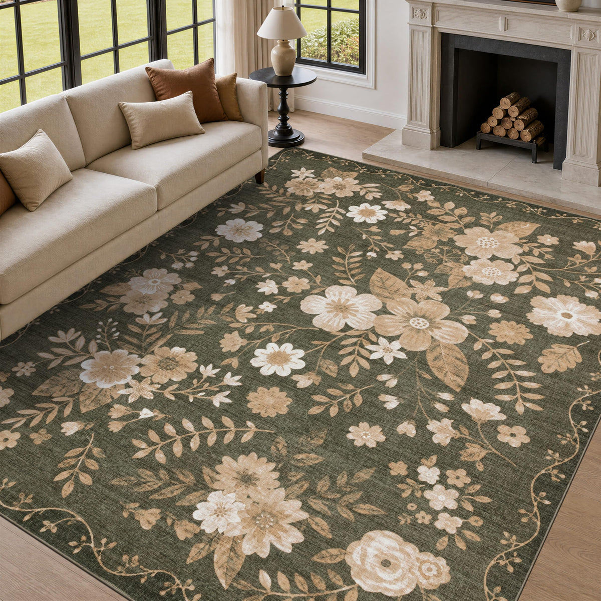 JOLLYVOGUE Floral Area Rug 5x7, Washable Rug for Living Room, Light Blue