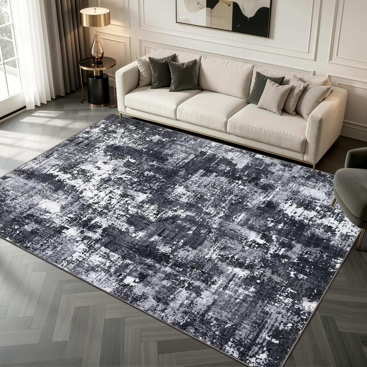 Sasttie 8x10 Washable Area Rug, Modern Abstract Large Carpet, Black & White