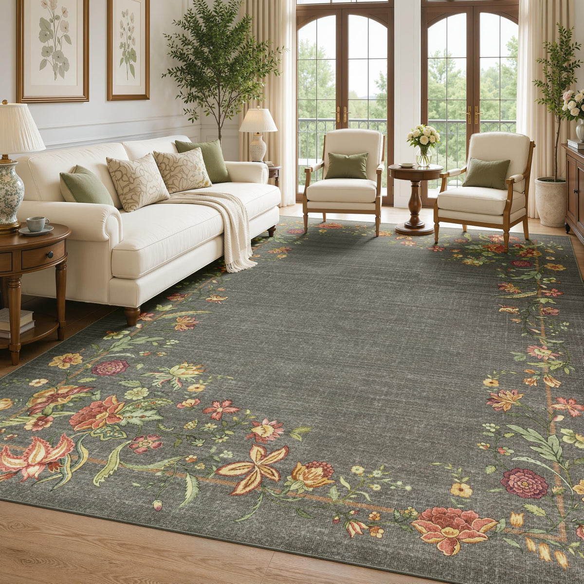 JOLLYVOGUE 4x6 Area Rug, Washable Rug Floral Border, Off-White