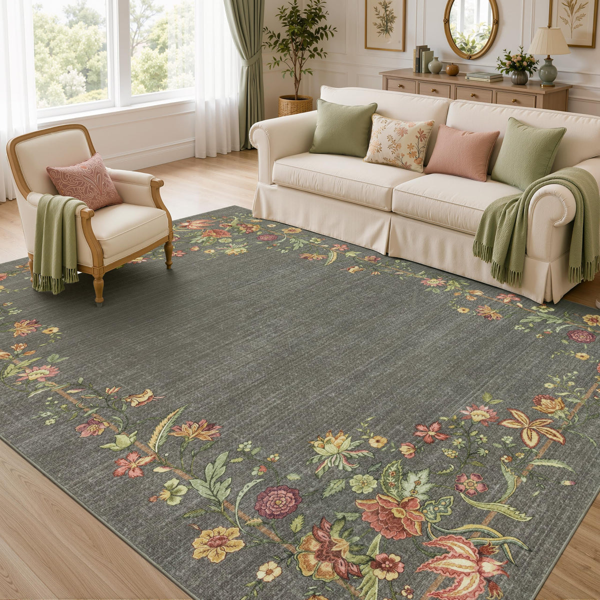 JOLLYVOGUE 4x6 Area Rug, Washable Rug Floral Border, Off-White