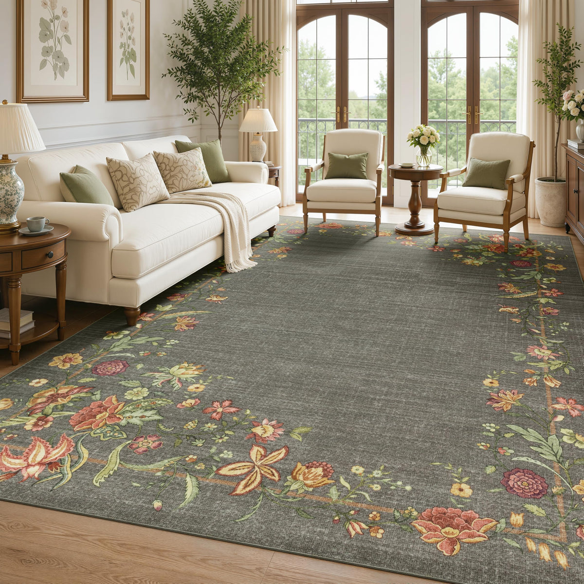 JOLLYVOGUE 4x6 Area Rug, Washable Rug Floral Border, Off-White