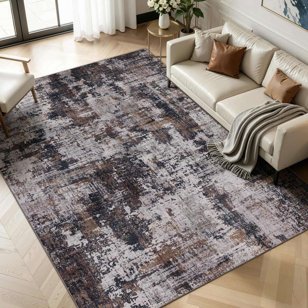 Sasttie 8x10 Washable Area Rug, Modern Abstract Large Carpet, Black & White
