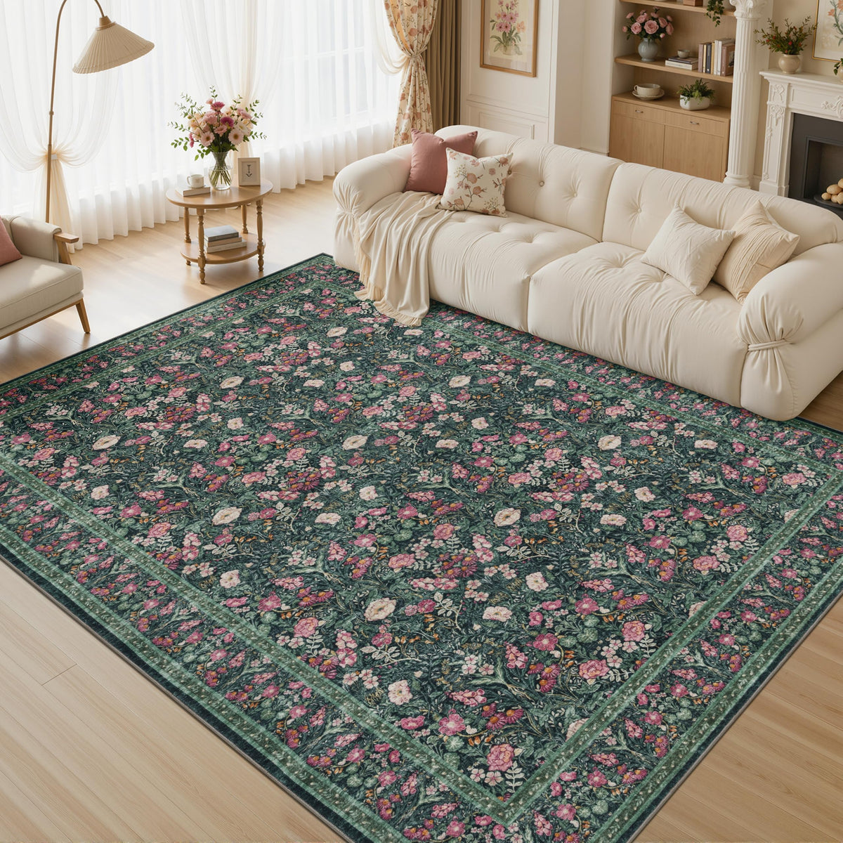 JOLLYVOGUE 6x9 Area Rug, Floral Washable Rug for Living Room, Beige/Blue