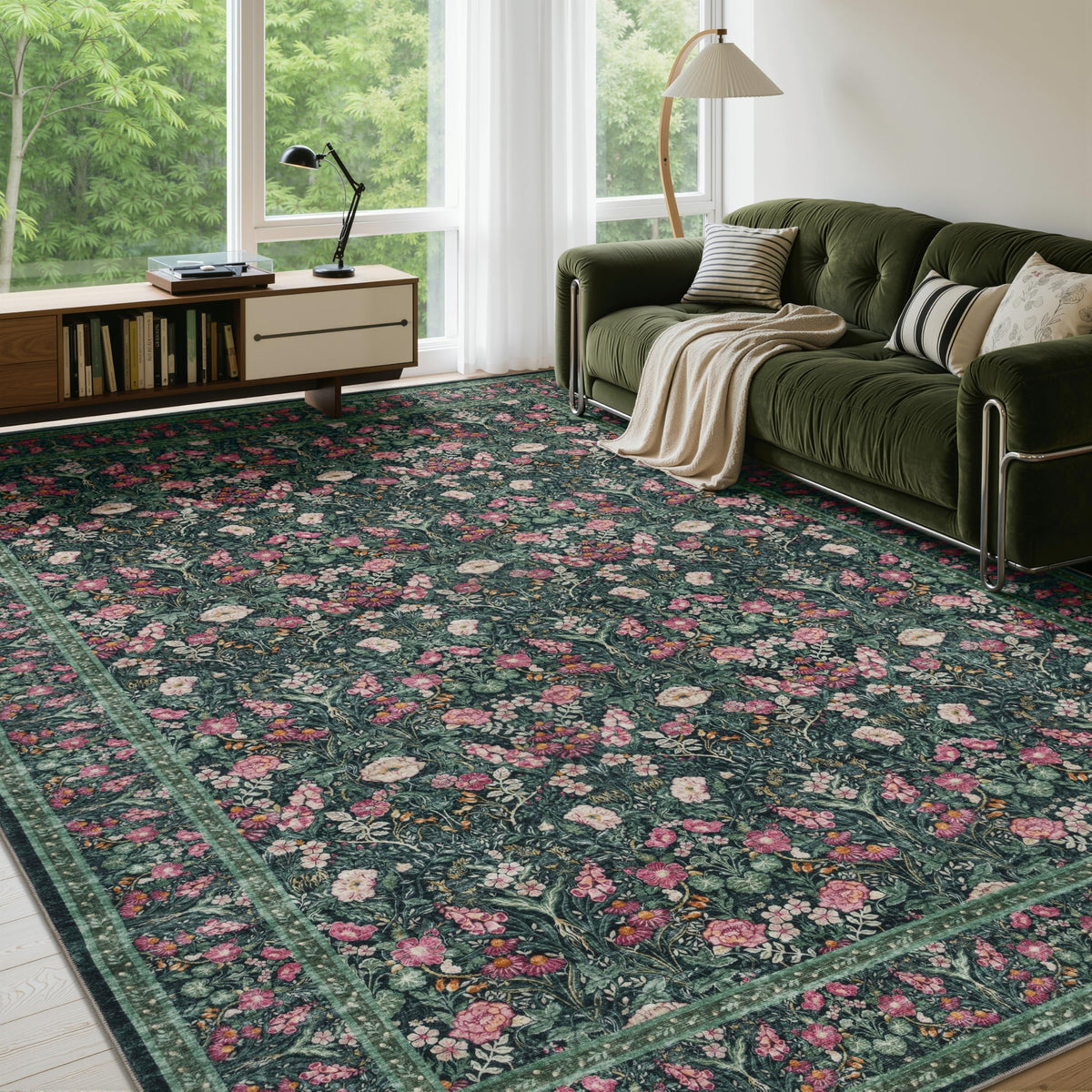 JOLLYVOGUE 6x9 Area Rug, Floral Washable Rug for Living Room, Beige/Blue