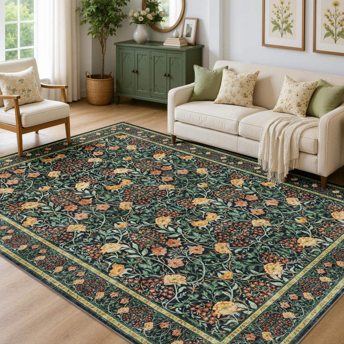 JOLLYVOGUE 6x9 Area Rug, Floral Washable Rug for Living Room, Beige/Blue