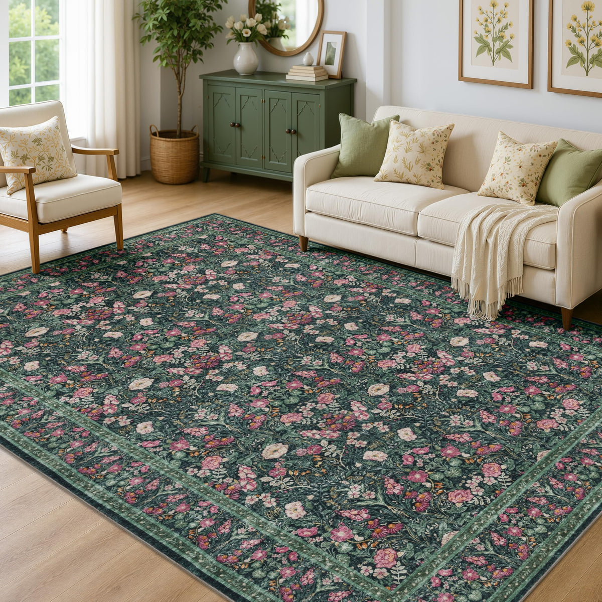 JOLLYVOGUE 6x9 Area Rug, Floral Washable Rug for Living Room, Beige/Blue