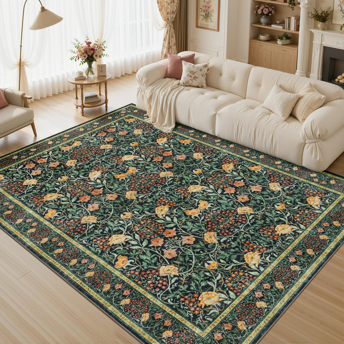 JOLLYVOGUE 6x9 Area Rug, Floral Washable Rug for Living Room, Beige/Blue