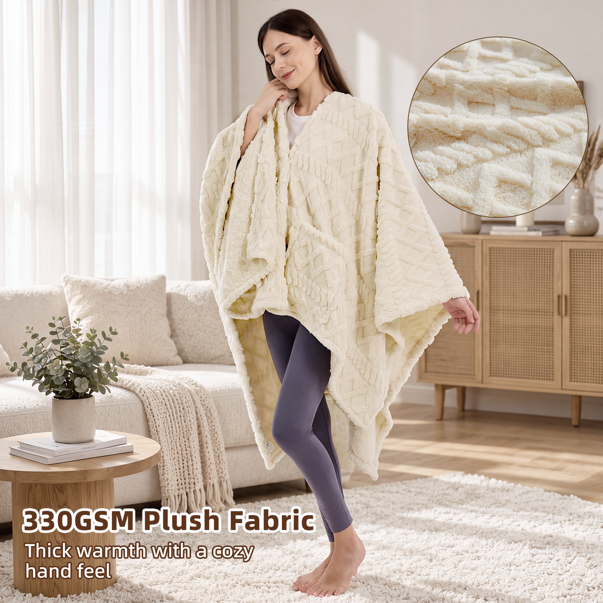 JOLLYVOGUE Wearable Blanket for Adults, Cozy Fleece Poncho with 2 Pockets