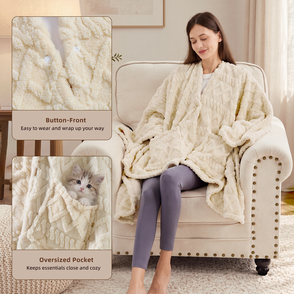 JOLLYVOGUE Wearable Blanket for Adults, Cozy Fleece Poncho with 2 Pockets