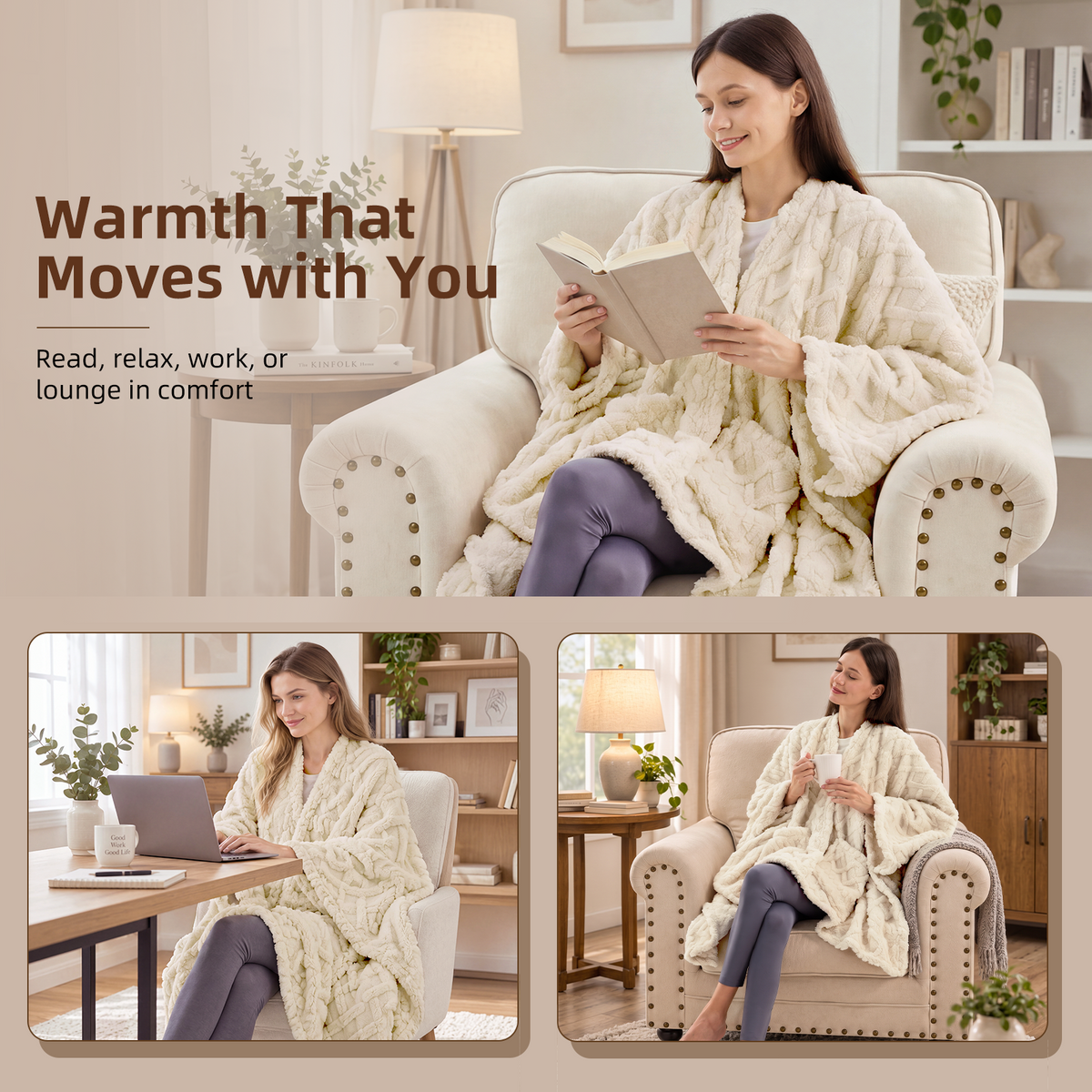 JOLLYVOGUE Wearable Blanket for Adults, Cozy Fleece Poncho with 2 Pockets