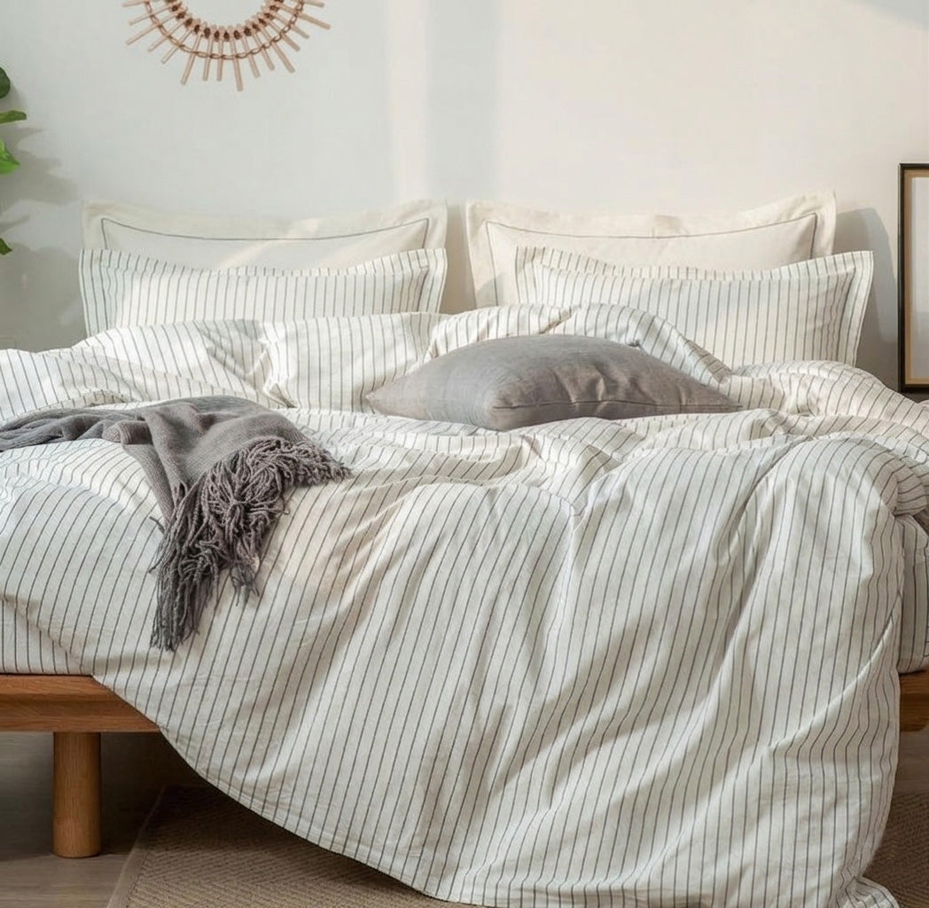 JOLLYVOGUE Queen Size Dark Gray Vertical Striped Duvet Cover Set, 3 Pieces Soft Microfiber Bedding with Zipper Closure & 8 Corner Tie