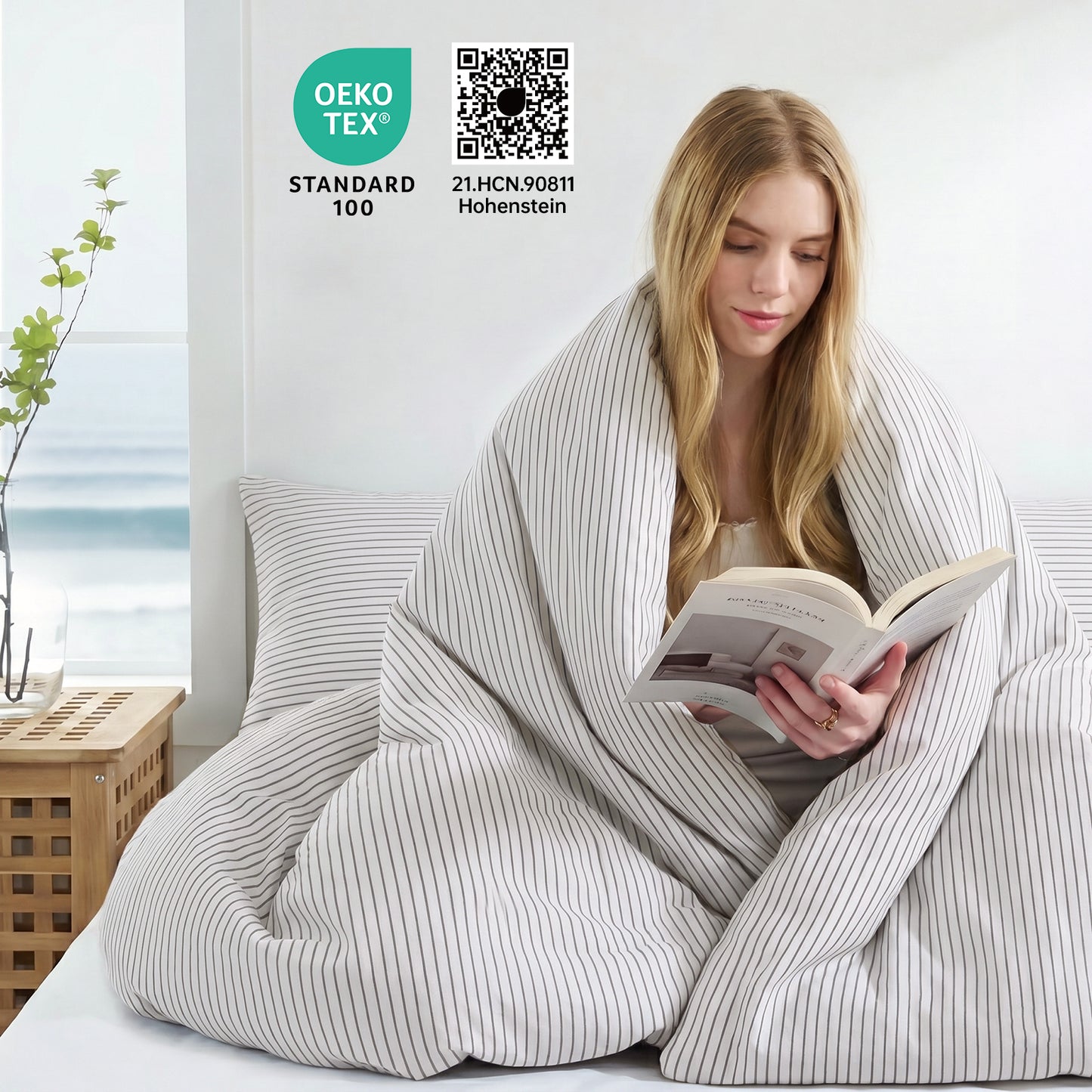 JOLLYVOGUE Queen Size Dark Gray Vertical Striped Duvet Cover Set, 3 Pieces Soft Microfiber Bedding with Zipper Closure & 8 Corner Tie