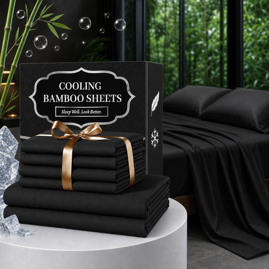 Jollyvogue 6PCS Bamboo Cooling Queen Size Sheet Set - Children Bedding Set, Breathable and Comfortable Fit For Hot Sleepers Sweats, Pillowcases, Flat Fitted A Perfect Gift,back to school,back to school shopping,home decor