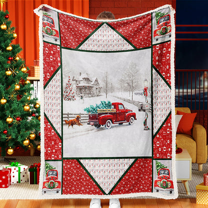 Red Truck And Dog Christmas Blanket Sherpa Fleece Blanket