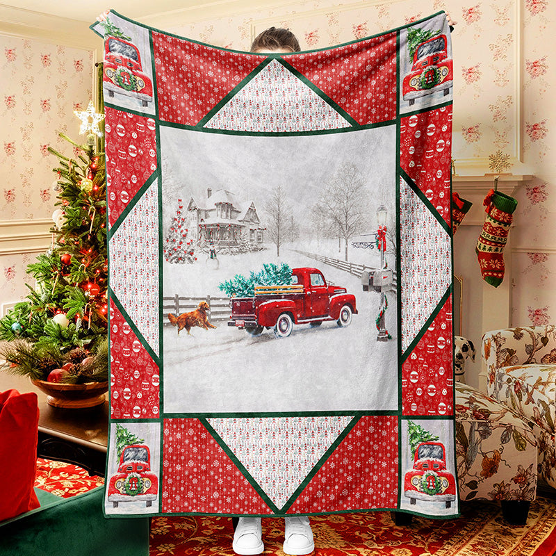 Red Truck And Dog Christmas Blanket Sherpa Fleece Blanket