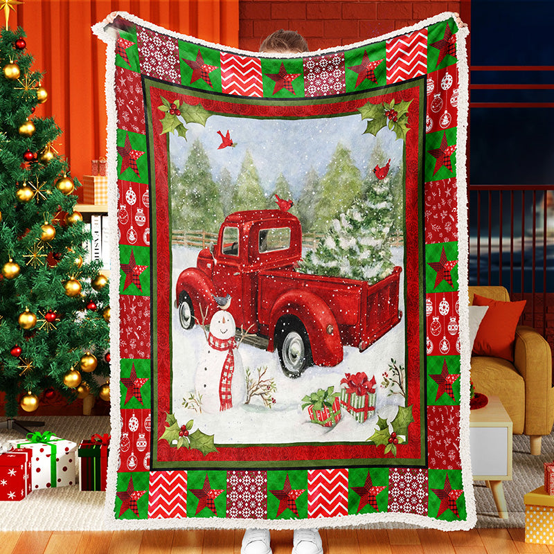 Red Truck Christmas Tree And Gift Christmas Blanket Sherpa Fleece Blanket