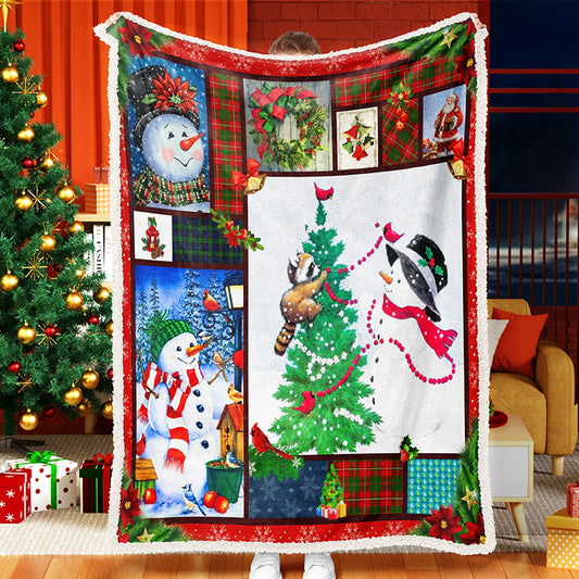 Snowman Raccoon Christmas Tree, Merry Christmas Gift Sherpa Fleece Blanket Snowman Quilt