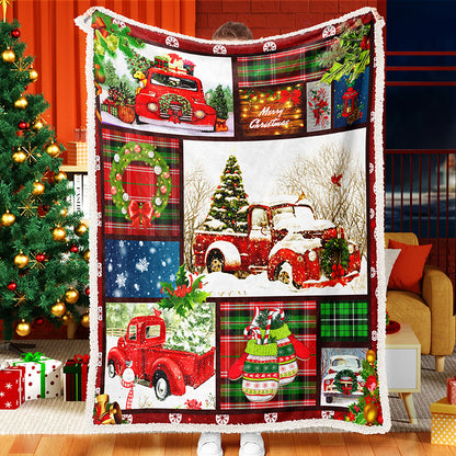 Red Truck Christmas Tree And Gift Christmas Blanket Sherpa Fleece Blanket