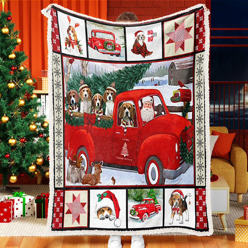 Red Truck Santa And Dog Christmas Blanket Sherpa Fleece Blanket