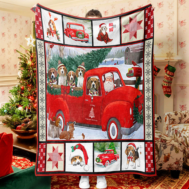 Red Truck Santa And Dog Christmas Blanket Sherpa Fleece Blanket