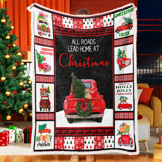 Red Truck Loaded With Christmas Tree Christmas Blanket Sherpa Fleece Blanket