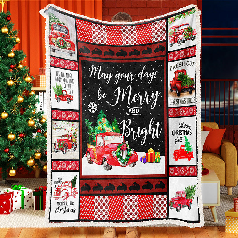 Red Truck Christmas Tree Patchwork Christmas Blanket Sherpa Fleece Blanket