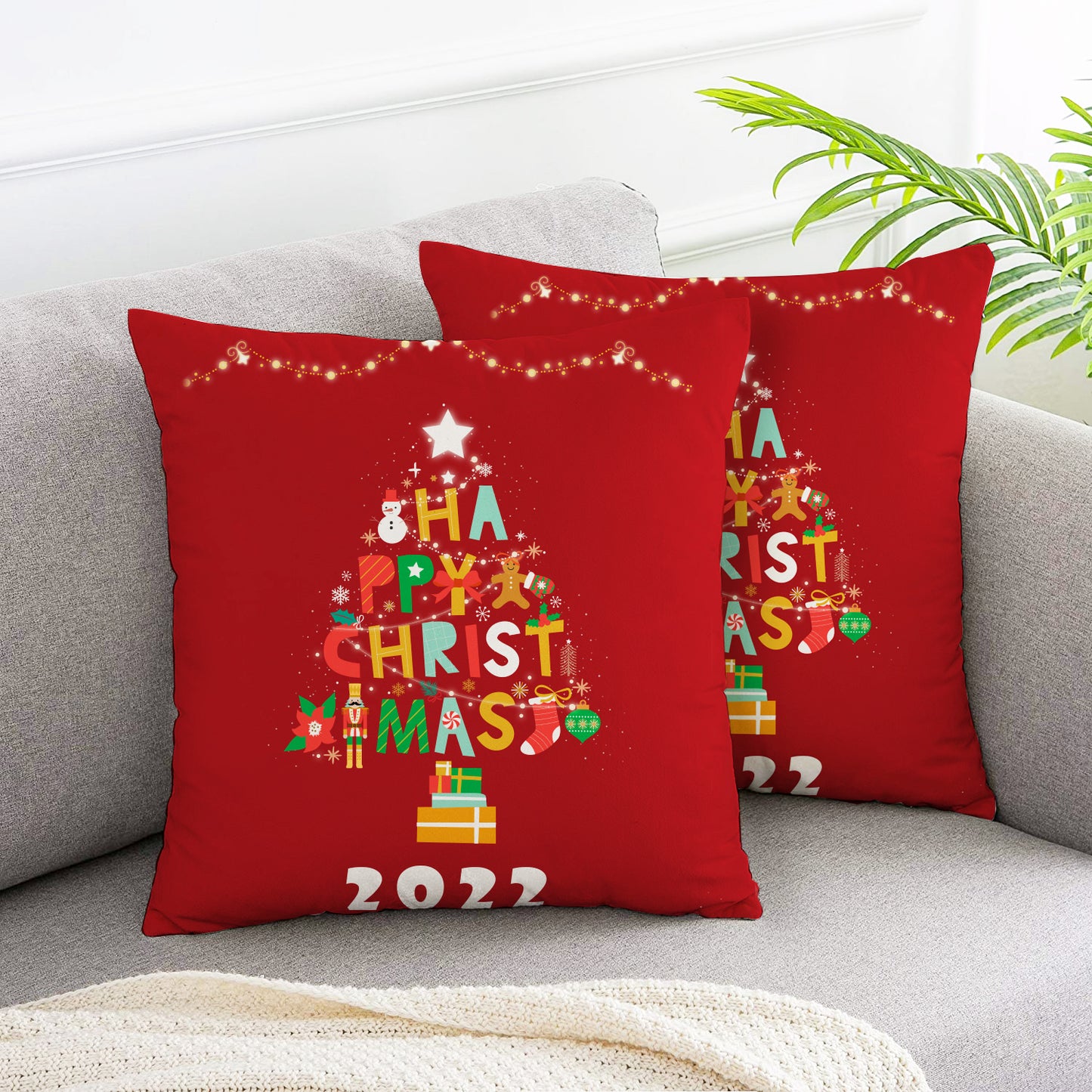 Red Christmas Tree Letters Celebration pillow covers 2pcs