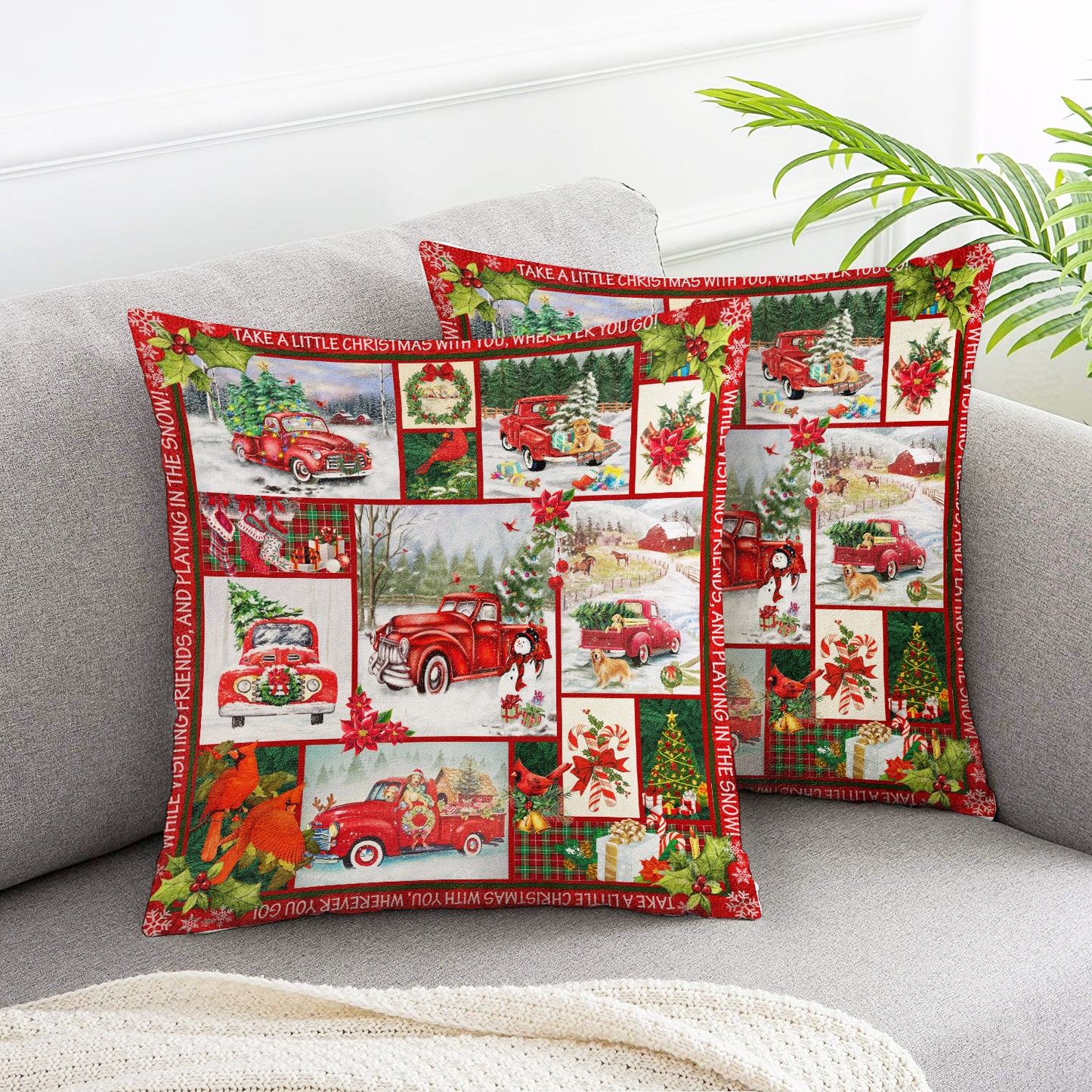 Red Truck & Christmas Tree Throw Pillow Cover 2pcs