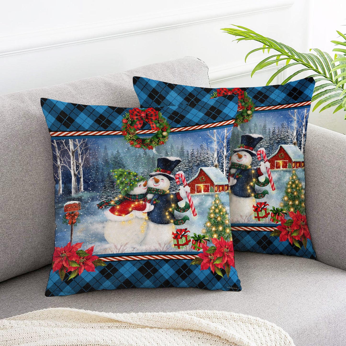 Sweet Snowman Family Throw Pillow Cover 2pcs