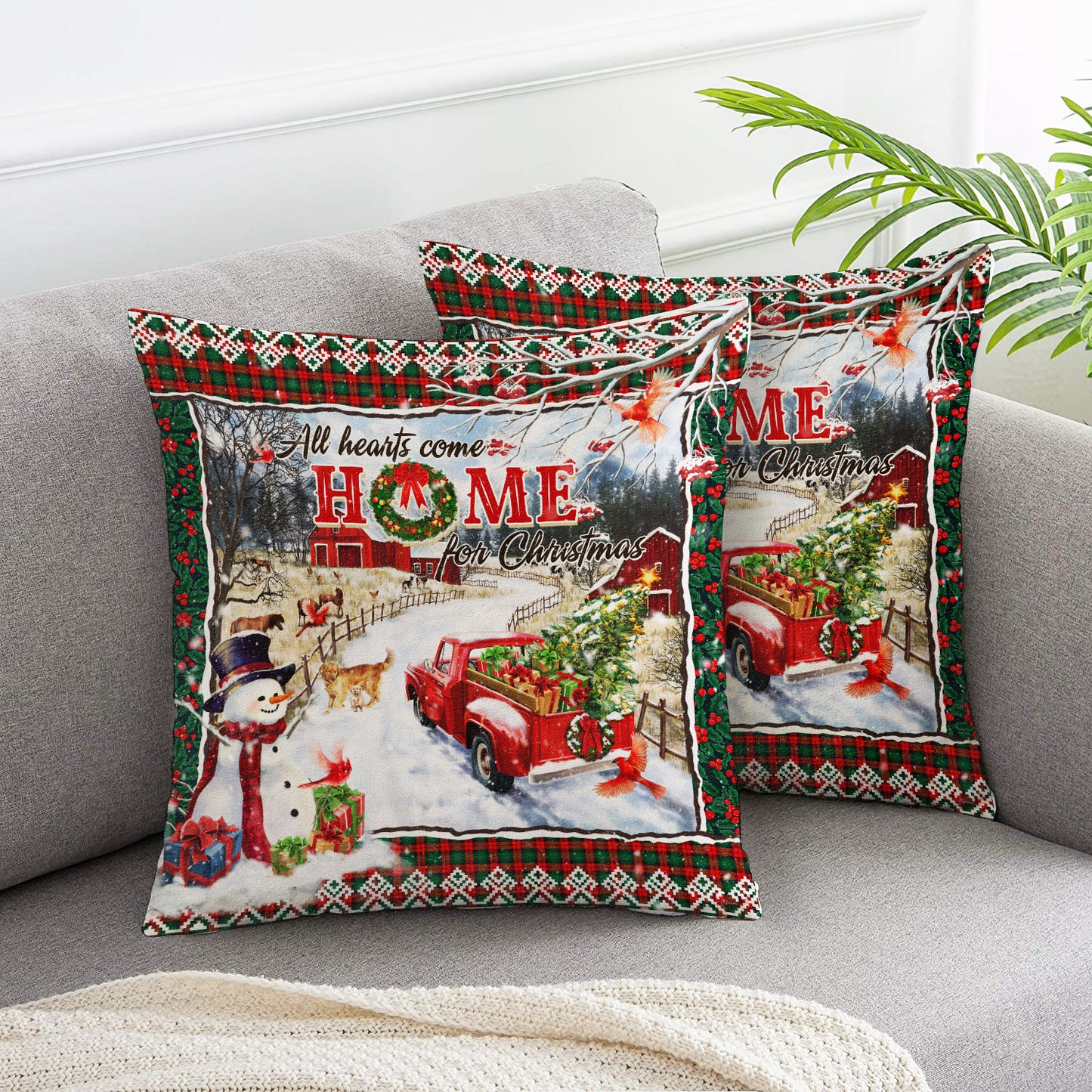 All Hearts Come Home For Christmas Snowman Throw Pillow Cover 2pcs