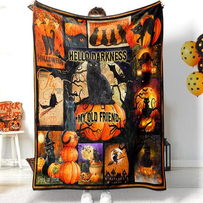 Halloween Black Cat Witch Pumpkin Throw Soft Cozy Sherpa Fleece Blanket