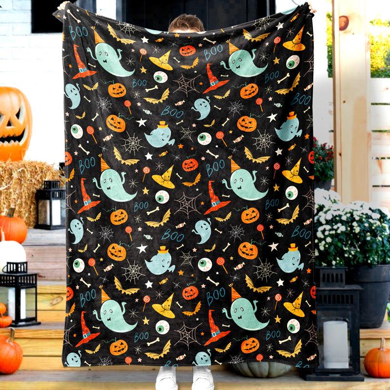 Jollyvogue Halloween Cartoon Ghost Candy Wizard Hat Covered With Halloween Theme Elements Halloween Blanket 2022 Soft Sherpa And Fleece Blanket