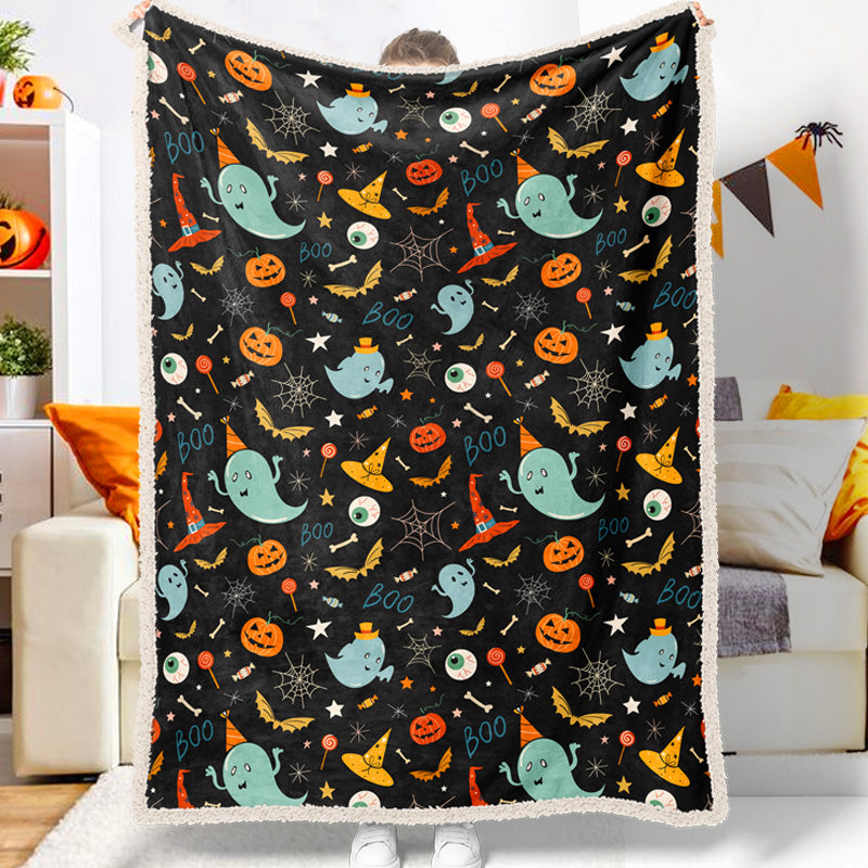 Jollyvogue Halloween Cartoon Ghost Candy Wizard Hat Covered With Halloween Theme Elements Halloween Blanket 2022 Soft Sherpa And Fleece Blanket