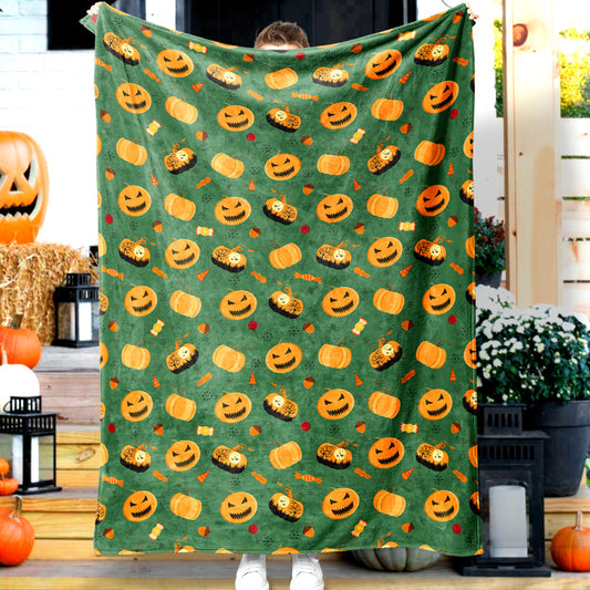 Jollyvogue Halloween Pumpkin Cartoon Green Background Celebrating Halloween Halloween Blanket 2022 Soft Sherpa And Fleece Blanket