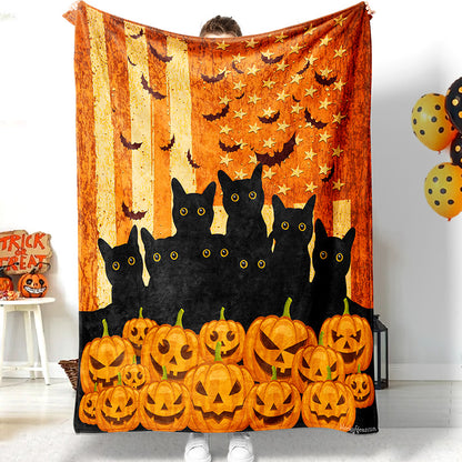 Halloween Black Cat Pumpkin Bat Yellow Harvest Throw Celebration Halloween Blanket Thick Soft Sherpa Fleece Blanket