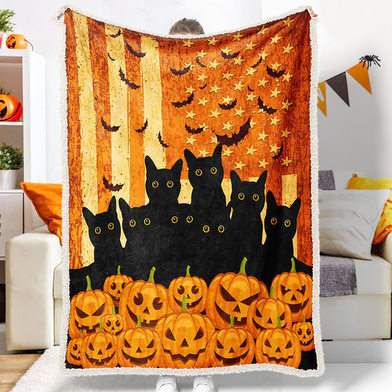 Halloween Black Cat Pumpkin Bat Yellow Harvest Throw Celebration Halloween Blanket Thick Soft Sherpa Fleece Blanket