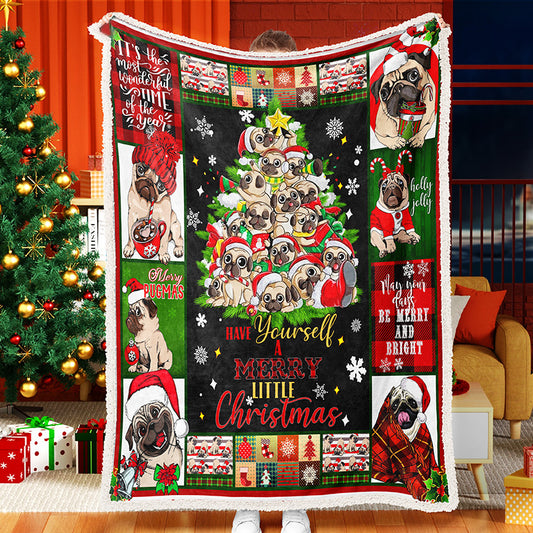 Pug Christmas Sofa Throw Blanket  Pug Dog Cute Fleece Sherpa Blanket Pug Lover Blanket