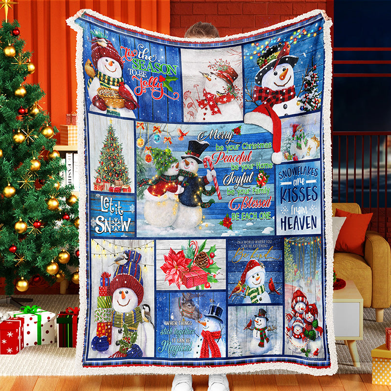 Snowman Christmas Tree Gift Blue Merry Christmas Fleece Sherpa Celebration Christmas Blanket snowman quilt