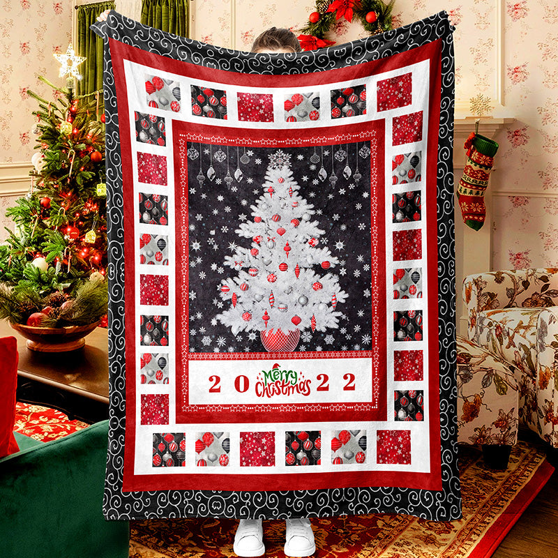 2022 Silver And White Christmas Tree Snowflake Balloon Stitching Merry Christmas Fleece Sherpa Blanket