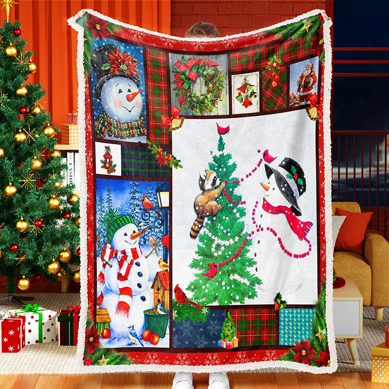 Snowman Raccoon Christmas Tree Merry Christmas Gift Fleece Sherpa Blanket Snowman Quilt