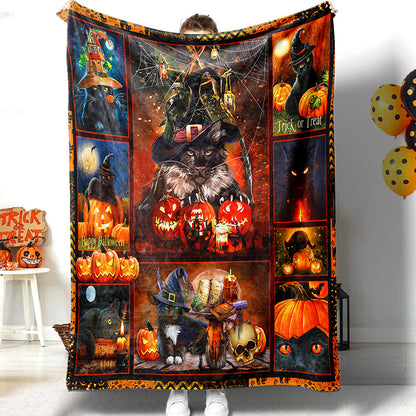 Halloween Black Cat Witch Grim Pumpkin Throw Trick Or Treat Thick Soft Sherpa Fleece Blanket