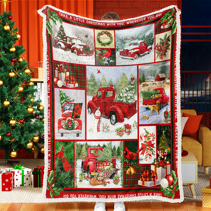 Red Truck Cardinal Christmas Tree Snowing Winter Merry Christmas Fleece Sherpa Blanket