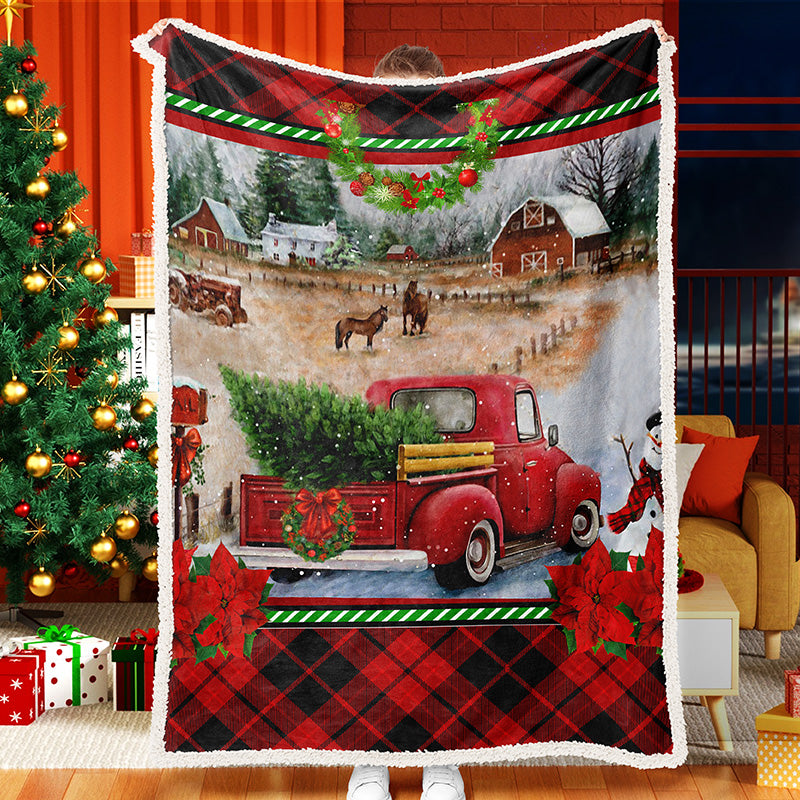 Red Truck Christmas Tree Farm Horse Celebrate Christmas Fleece Sherpa Blanket
